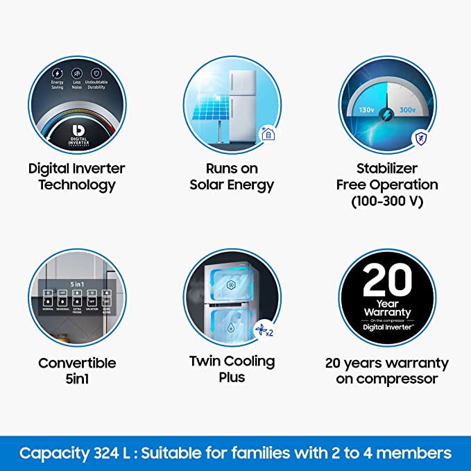 Samsung 324 L 3 Star Inverter Frost Free Double Door Refrigerator (RT34T4513S8/HL, Convertible 5In 1, Elegant Inox,2022 Model) Samsung 324 L 3 Star Inverter Frost Free Double Door Refrigerator (RT34T4513S8/HL, Convertible 5In 1, Elegant Inox,2022 Model)